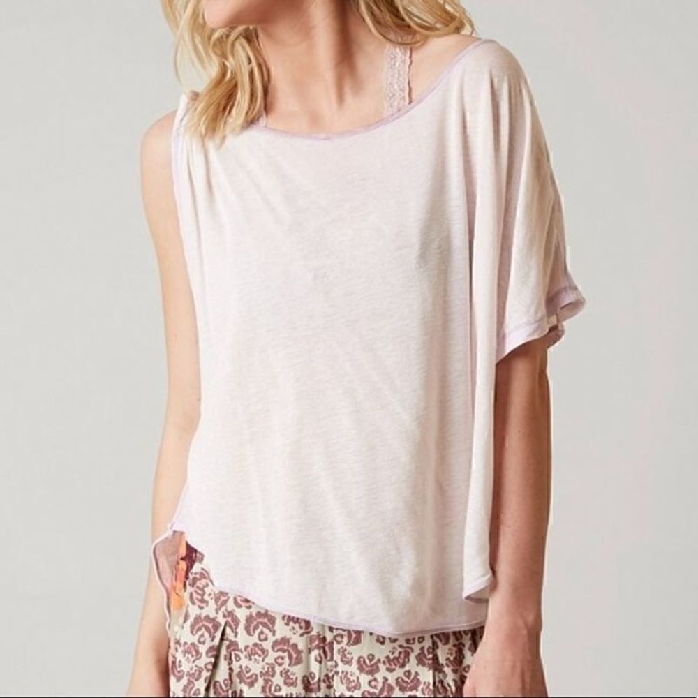 NEW Free People Cold Shoulder White Lilac Trim Assymetric Shrug Top
